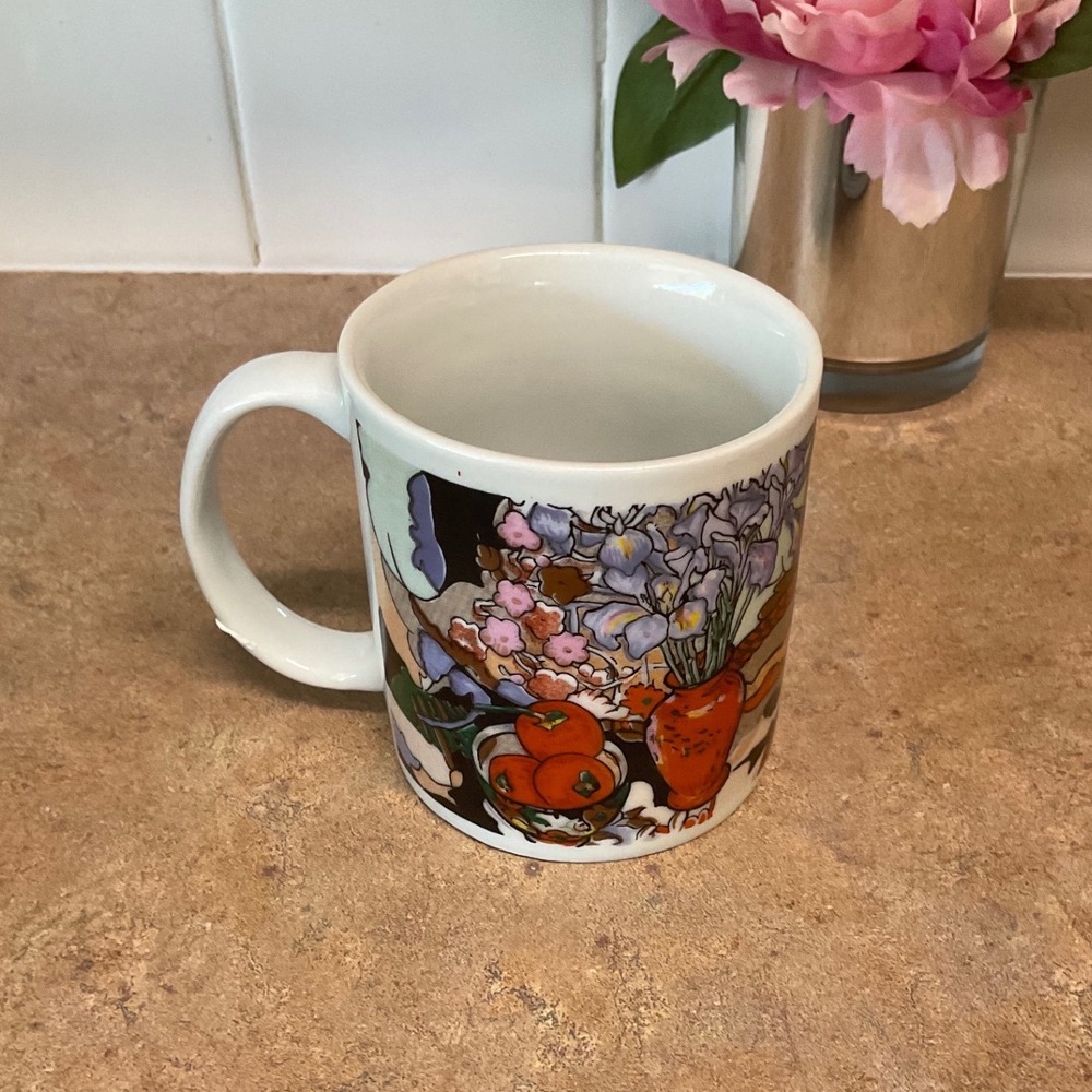 Vintage Artistic‎ Still Life Floral Ceramic Coffee Mug Purple Iris Red Vase Art
